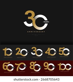 Set of Anniversary Modern linked circle round logo with Elegant clean gradient numbers, minimal text layout, for celebrating 10th to 100th anniversaries in corporate events, brands.