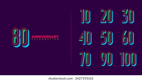 Conjunto de logotipo del número de aniversario. Símbolo de cumpleaños con forma colorida y concepto de resplandor para el evento de celebración. 10, 20, 30, 40, 50, 60, 70, 80, 90, 100