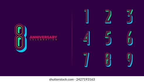 Set of anniversary number logo. Birthday symbol with colorful shape and glow concept for celebration event. 1, 2, 3, 4, 5, 6, 7, 8, 9