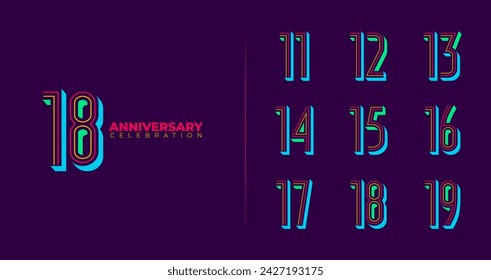 Set of anniversary number logo. Birthday symbol with colorful shape and glow concept for celebration event. 11, 12, 13, 14, 15, 16, 17, 18, 19