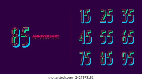 Set of anniversary number logo. Birthday symbol with colorful shape and glow concept for celebration event. 15, 25, 35, 45, 55, 65, 75, 85, 95