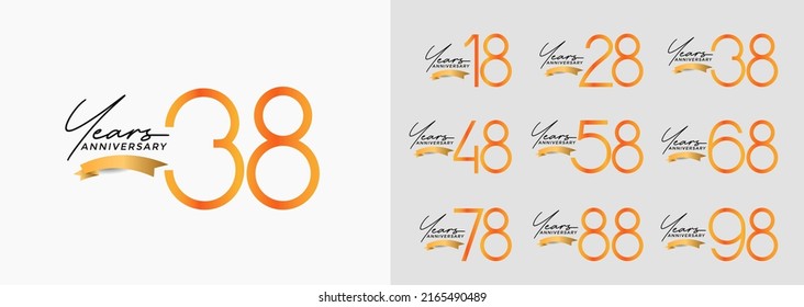 set of anniversary orange color on white background with gold ribbon for celebration moment