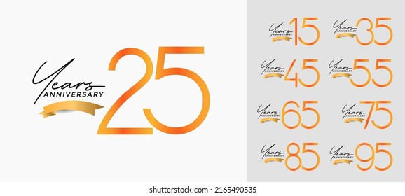 set of anniversary orange color on white background with gold ribbon for celebration moment