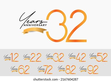 set of anniversary orange color on white background with gold ribbon for celebration moment