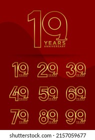 Set of Anniversary outline logotype and gold color with red background for celebration