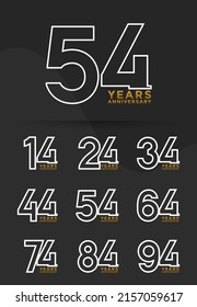 Set of Anniversary outline logotype golden and silver color with black background for celebration