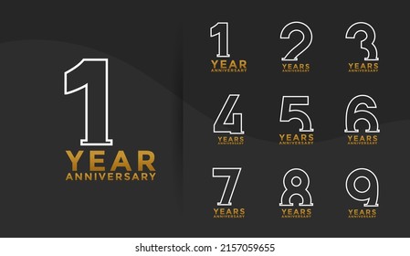 Set of Anniversary outline logotype golden and silver color with black background for celebration
