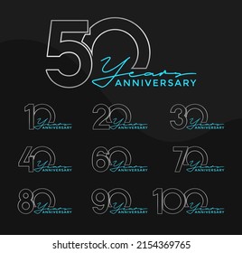 Set of Anniversary outline logotype silver and green color with black background for celebration
