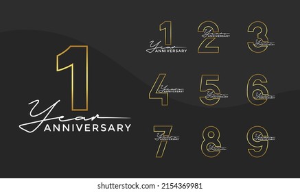 Set of Anniversary outline logotype silver and gold color with black background for celebration