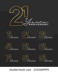 Set of Anniversary outline logotype silver and gold color with black background for celebration