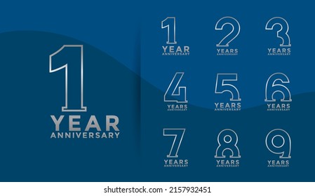 Set of Anniversary outline logotype and silver color with blue background for celebration