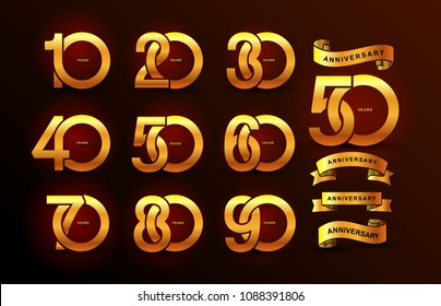 Set of anniversary pictogram gold icon. Flat design. 10, 20, 30, 40, 50, 60, 70, 80, 90, years birthday logo label, gold stamp. Vector illustration. Isolated on black background