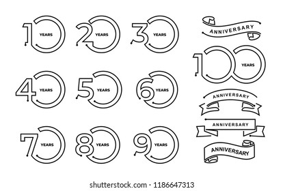 Juego de ícono de pictograma de aniversario 10, 20, 30, 40, 50, 60, 70, 80, 90, 100 Marca mínima de la plantilla años de cumpleaños etiqueta, sello en blanco y negro. Ilustración vectorial. Aislado sobre fondo blanco