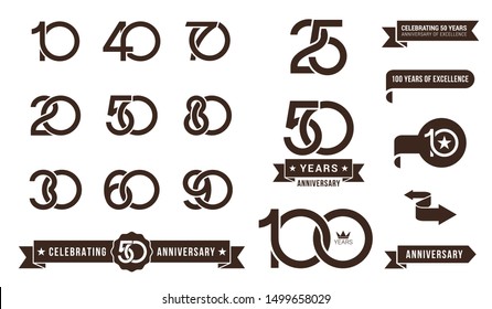 Set of anniversary pictogram icon and anniversary banner collection. Flat design. 10, 20, 30, 40, 50, 60, 70, 80, 90, years logo label, monochrome stamp.