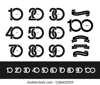 Set of Anniversary pictogram icon. Flat design. 10, 20, 30, 40, 50, 60, 70, 80, 90, 100 years birthday logo label, black and white stamp. Vector illustration. Isolated on white background.