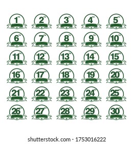 Set of anniversary pictogram icon. Flat design. 1, 2, 3, 4, 5, 6, 7, 8, 9,10, years birthday logo label, green army color stamp. Vector illustration. Isolated on white background