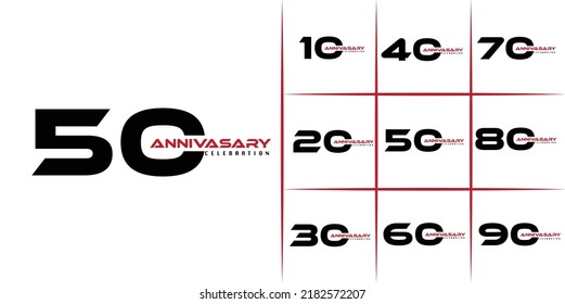 Set of anniversary pictogram icon. Flat design. 10, 20, 30, 40, 50, 60, 70, 80, 90, years birthday logo label, black and white stamp. Vector illustration. Isolated on white background