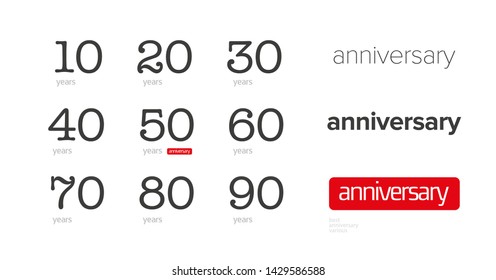 Set of anniversary pictogram icons. Flat and design. 10, 20, 30, 40, 50, 60, 70, 80, 90, years birthday logo label, red colors. Vector illustration. Isolated on white background. -vector