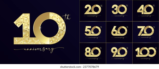 Set of anniversary pixel digits logo with golden handwriting for celebration event. Luxury gold vector numbers from 10 to 100 for a birthday, wedding or event anniversary invitation