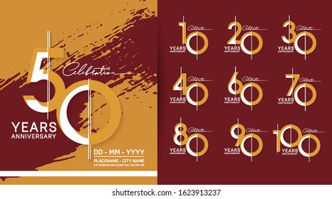 set of anniversary poster color style orange color for celebration event, wedding, greeting card, and invitation