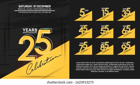 set of anniversary poster color style yellow color for celebration event, wedding, greeting card, and invitation