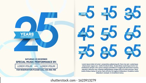 set of anniversary poster color style blue color and ribbon for celebration event, wedding, greeting card, and invitation