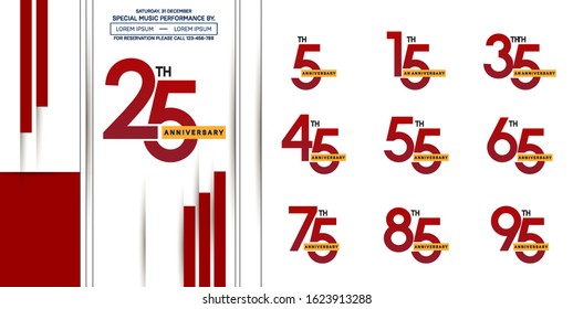 set of anniversary poster color style red color for celebration event, wedding, greeting card, and invitation