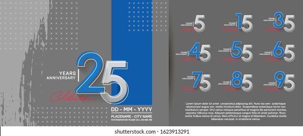 set of anniversary poster color style blue color for celebration event, wedding, greeting card, and invitation