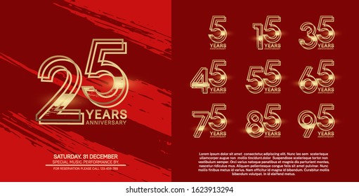 set of anniversary poster color style golden color for celebration event, wedding, greeting card, and invitation