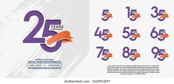 set of anniversary poster color style purple color and ribbon for celebration event, wedding, greeting card, and invitation