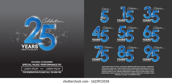 set of anniversary poster color style blue color for celebration event, wedding, greeting card, and invitation