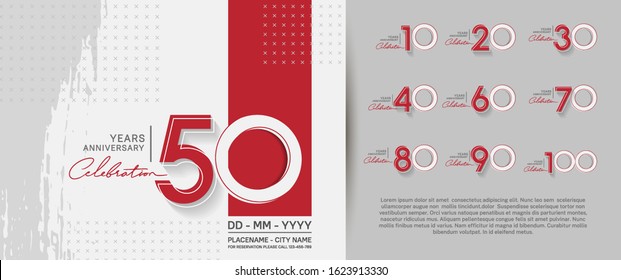 set of anniversary poster color style red and white color for celebration event, wedding, greeting card, and invitation