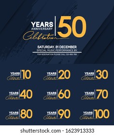 set of anniversary poster color style yellow color for celebration event, wedding, greeting card, and invitation