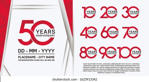 set of anniversary poster color style red color for celebration event, wedding, greeting card, and invitation