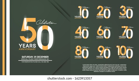set of anniversary poster color style yellow color for celebration event, wedding, greeting card, and invitation