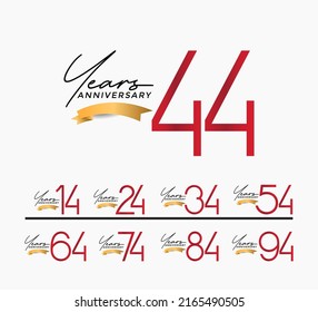 set of anniversary red color on white background with gold ribbon for celebration moment