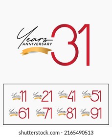 set of anniversary red color on white background with gold ribbon for celebration moment
