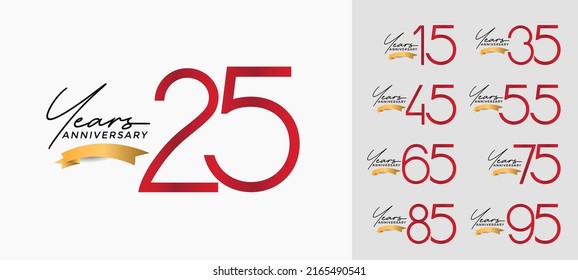 set of anniversary red color on white background with gold ribbon for celebration moment