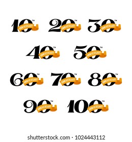 Set of anniversary signs from 10 to 100. Numbers on a white background. Stock vector signs design elements.