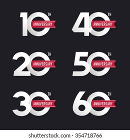 The set of anniversary signs from 10th to 60th. Stock vector illustration. Design elements.