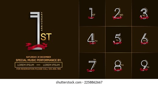 set of anniversary silver and golden color with red ribbon for special celebration event