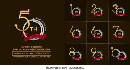 set of anniversary silver and golden color with red ribbon for special celebration event