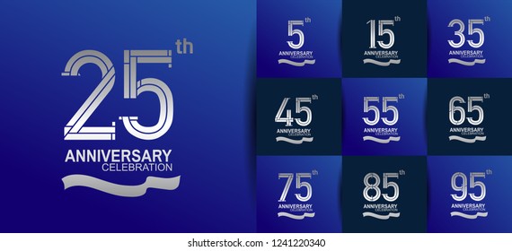 set of anniversary silver template on blue background for precious moment celebration