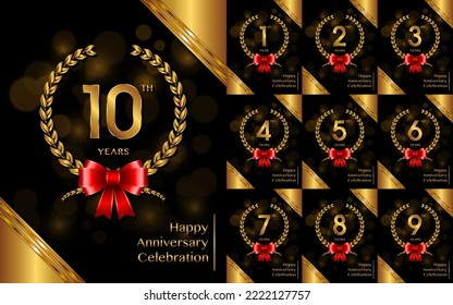 Set of Anniversary template designs with laurel and wreath for celebration events, weddings, greeting cards and invitation cards. Vector template