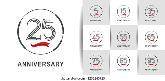 set of anniversary template with red ribbon and ring black color for celebration