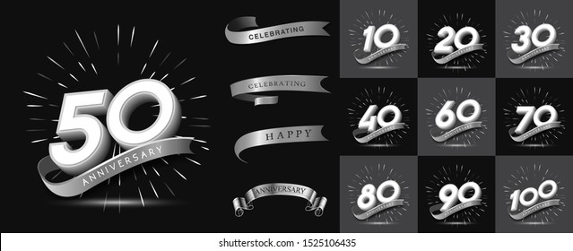 Set of Anniversary templates, anniversary design with 3d style number silver color for booklet, leaflet,invitation card, magazine, poster, web, greeting card of celebration event