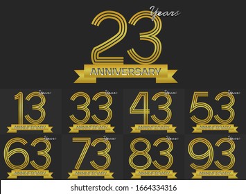 Set of Anniversary three gold stripe motif with ribbon, anniversary template design for web ,Creative poster, booklet, leaflet, flyer, magazine, invitation card