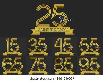 Set of Anniversary three gold stripe motif with ribbon, anniversary template design for web ,Creative poster, booklet, leaflet, flyer, magazine, invitation card
