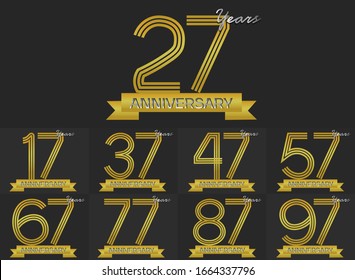 Set of Anniversary three gold stripe motif with ribbon, anniversary template design for web ,Creative poster, booklet, leaflet, flyer, magazine, invitation card