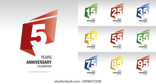 Set of Anniversary vector creative design emblems with white numbers on color origami speech bubble for celebration event, invitation, greeting, web template, leaflet and booklet